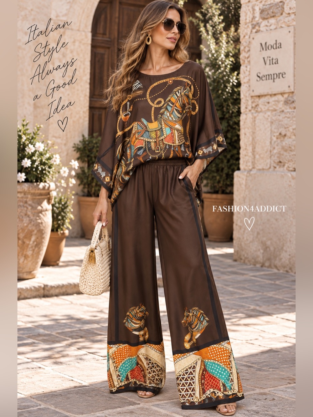 E48. From Italy 🇮🇹 Luxurious Boho-Print Wide Leg Two piece set